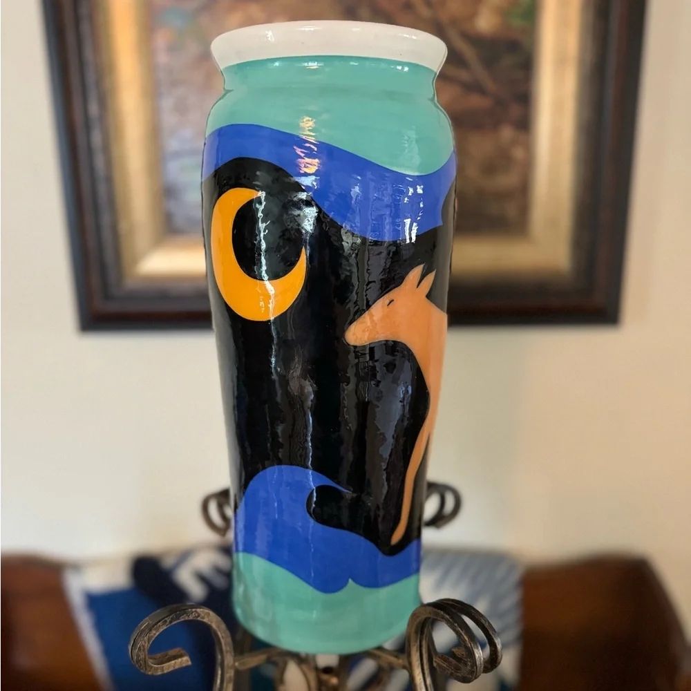 Vintage 15”Tall Signed Celestial Kadisak blue + green Wilderkind glazed vase.